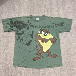Vintage Tasmanian Devil Shirt Mens Large Green 1990s Looney Tunes Wild Oats AOP